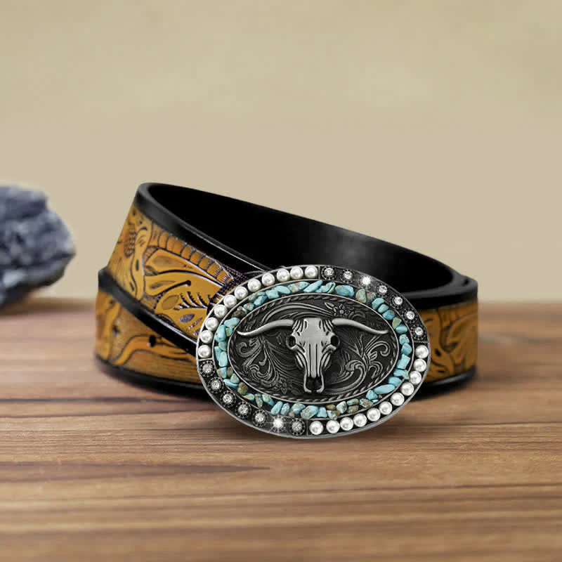 Men's DIY Sparkling Pearl Stones Bull Buckle Leather Belt - Image 19