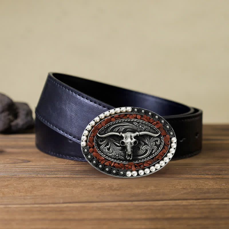 Men's DIY Sparkling Pearl Stones Bull Buckle Leather Belt - Image 5