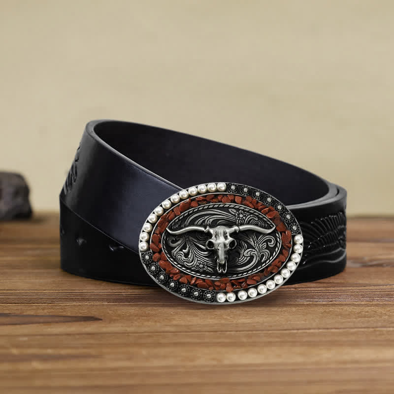 Men's DIY Sparkling Pearl Stones Bull Buckle Leather Belt - Image 6
