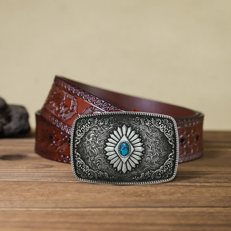 Men's DIY Square Turquoise Western Buckle Leather Belt - Image 21