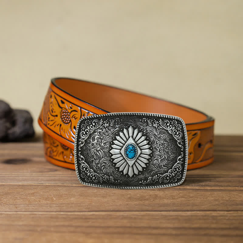 Men's DIY Square Turquoise Western Buckle Leather Belt - Image 27