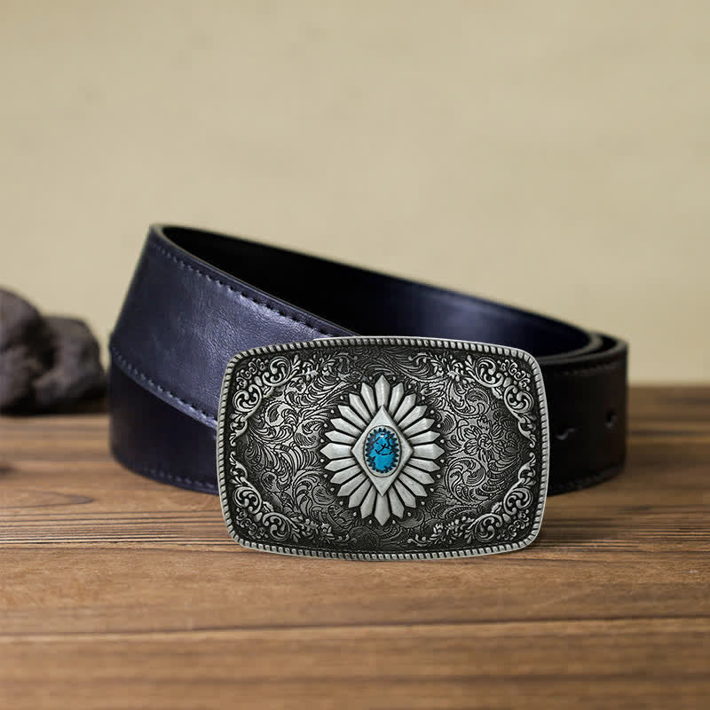 Men's DIY Square Turquoise Western Buckle Leather Belt - Image 9