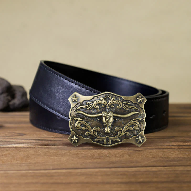 Men's DIY Square Western Bull Head Buckle Leather Belt - Image 6