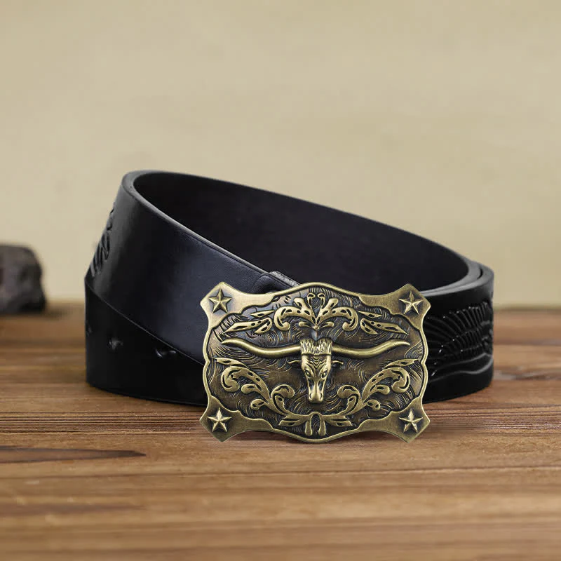 Men's DIY Square Western Bull Head Buckle Leather Belt - Image 8