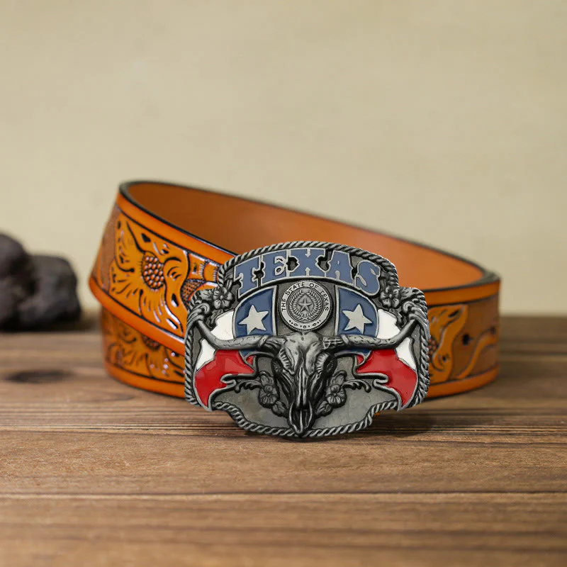 Men's DIY Texas Flag Longhorn Bull Buckle Leather Belt - Image 15