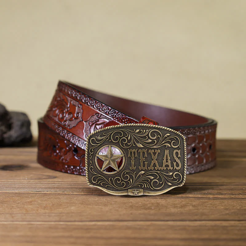 Men's DIY Texas Hollow Pentagrame Buckle Leather Belt - Image 9