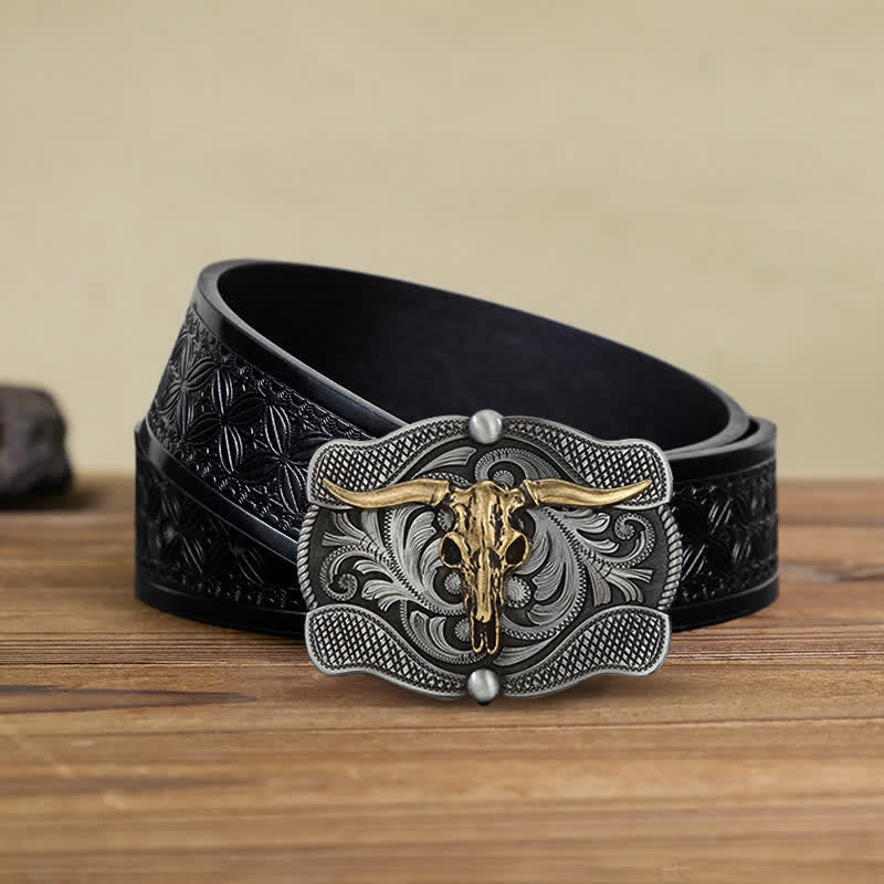 Men's DIY Texas Longhorn Bull Buckle Leather Belt - Image 6