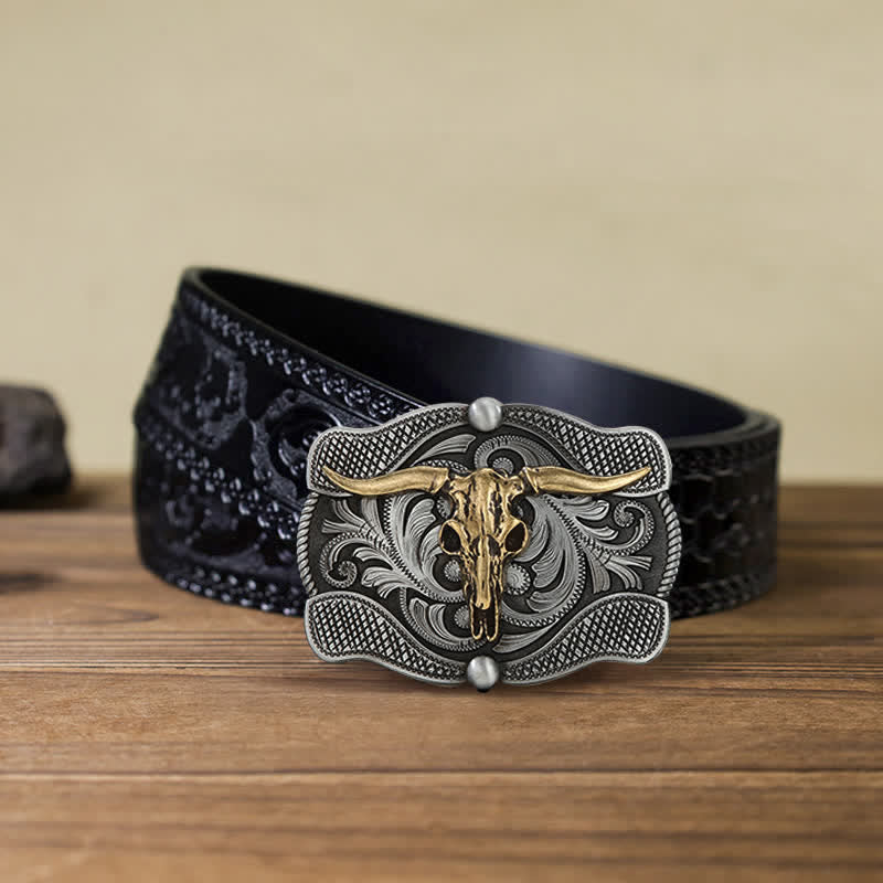 Men's DIY Texas Longhorn Bull Buckle Leather Belt - Image 7