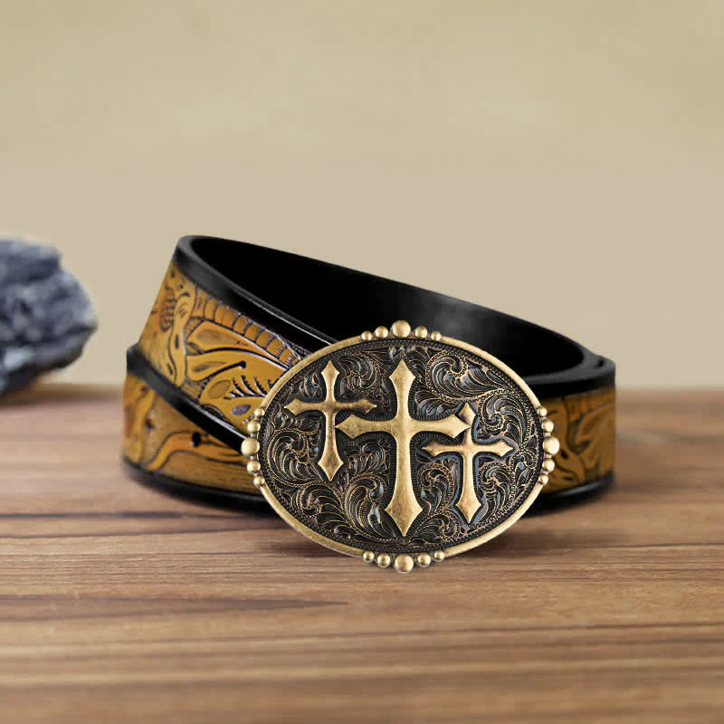Men's DIY Three Crosses Attitude Buckle Leather Belt - Image 13