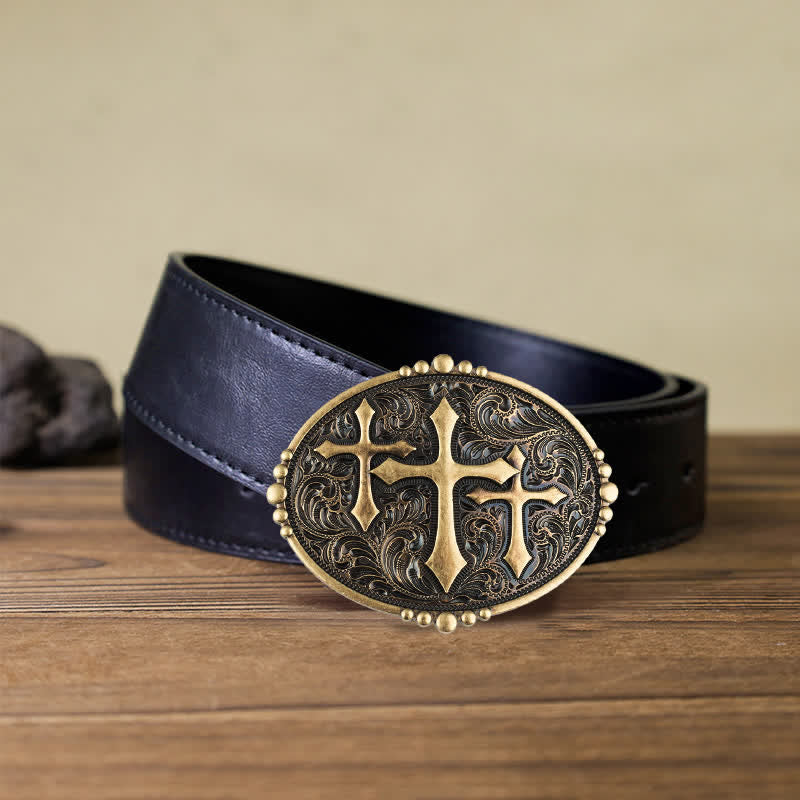 Men's DIY Three Crosses Attitude Buckle Leather Belt - Image 3