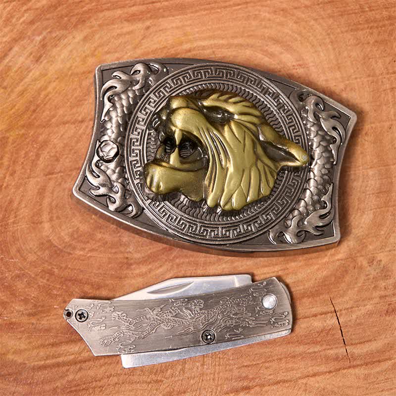 Men's DIY Tiger Hidden Folding Knife Leather Belt - Image 2