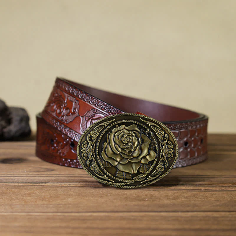 Men's DIY Trendy Western Rose Buckle Leather Belt - Image 20
