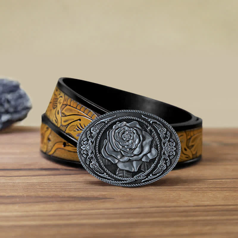 Men's DIY Trendy Western Rose Buckle Leather Belt - Image 24