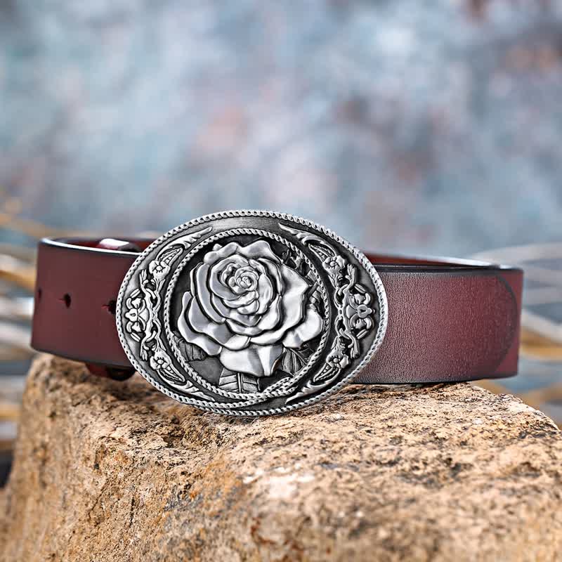 Men's DIY Trendy Western Rose Buckle Leather Belt - Image 5