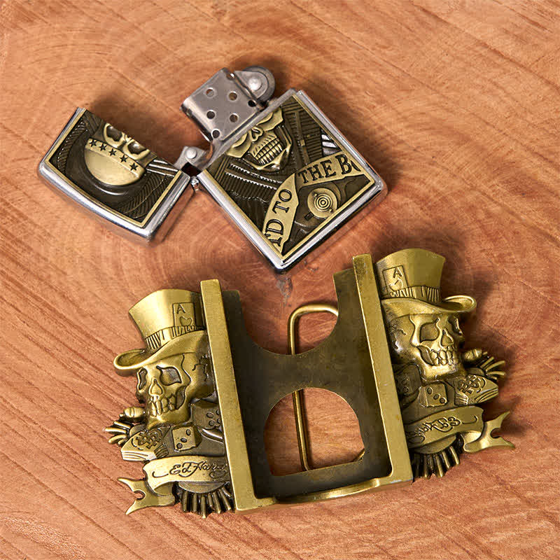 Men's DIY Triple Joker Skulls Bronze Leather Belt with Hidden Lighter - Image 3