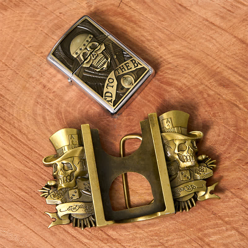 Men's DIY Triple Joker Skulls Bronze Leather Belt with Hidden Lighter - Image 4