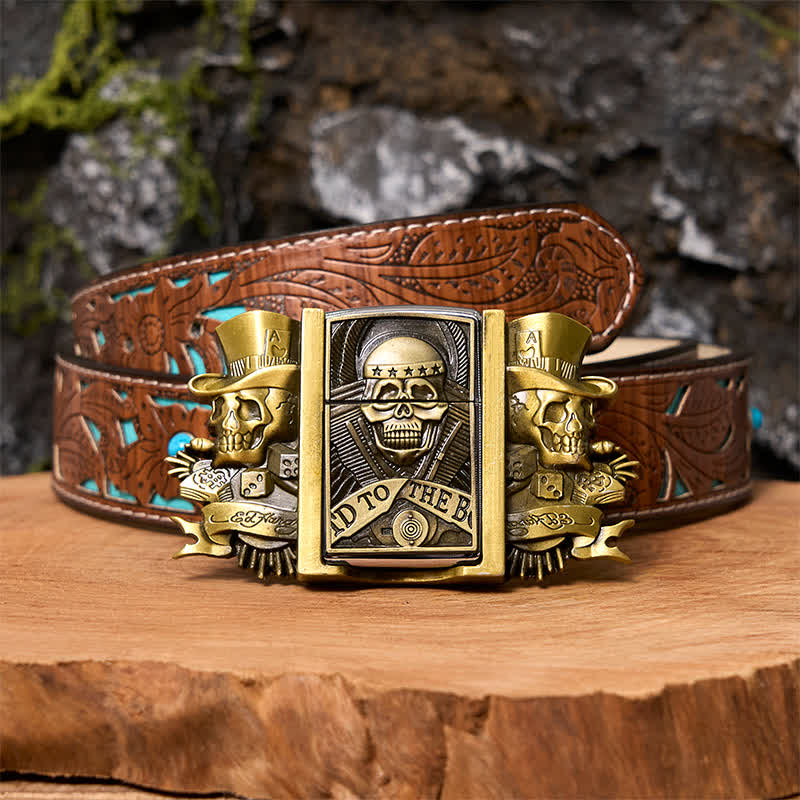 Men's DIY Triple Joker Skulls Bronze Leather Belt with Hidden Lighter - Image 6