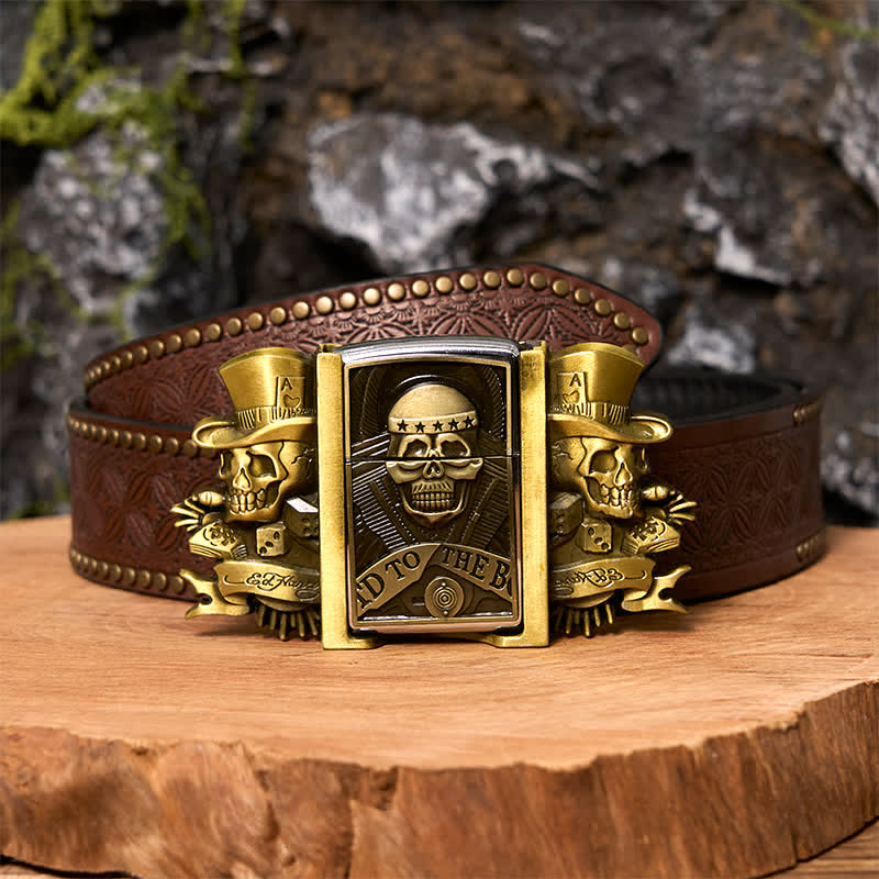 Men's DIY Triple Joker Skulls Bronze Leather Belt with Hidden Lighter - Image 7