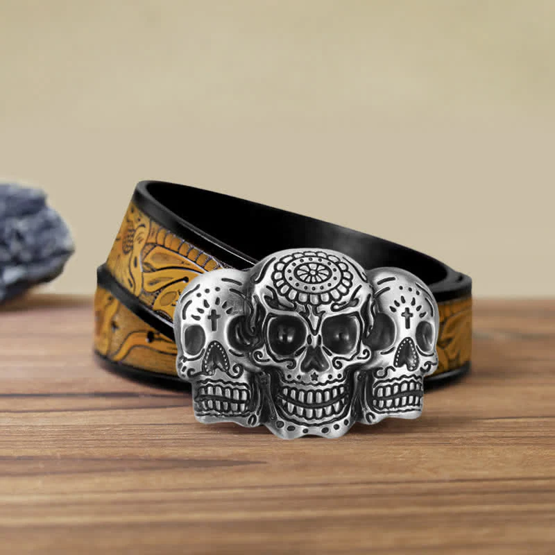 Men's DIY Triple Skull Head Buckle Leather Belt - Image 15