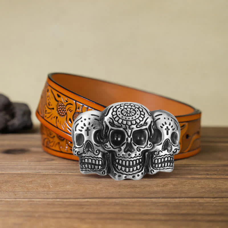 Men's DIY Triple Skull Head Buckle Leather Belt - Image 17