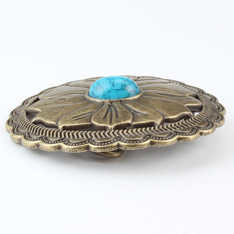 Men's DIY Turquoise Inlaid Floral Buckle Leather Belt - Image 3