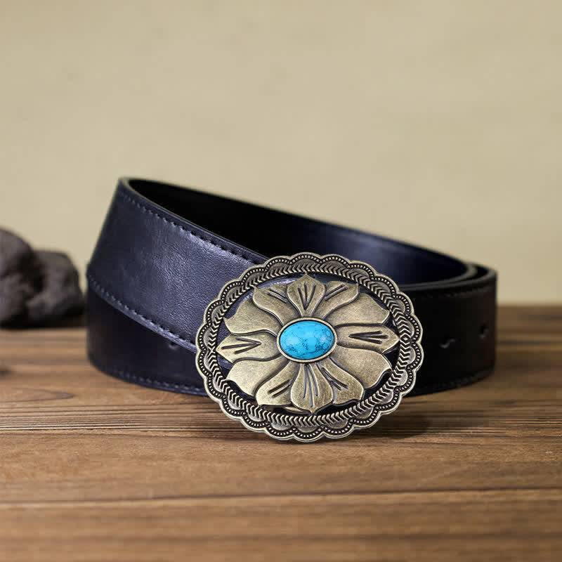Men's DIY Turquoise Inlaid Floral Buckle Leather Belt - Image 6