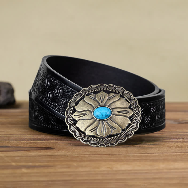 Men's DIY Turquoise Inlaid Floral Buckle Leather Belt - Image 8
