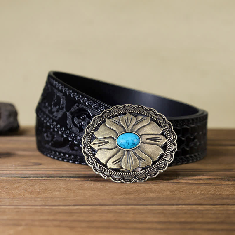 Men's DIY Turquoise Inlaid Floral Buckle Leather Belt - Image 9