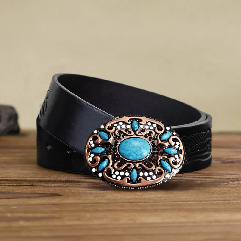 Men's DIY Turquoise Mixed Stones Buckle Leather Belt - Image 6