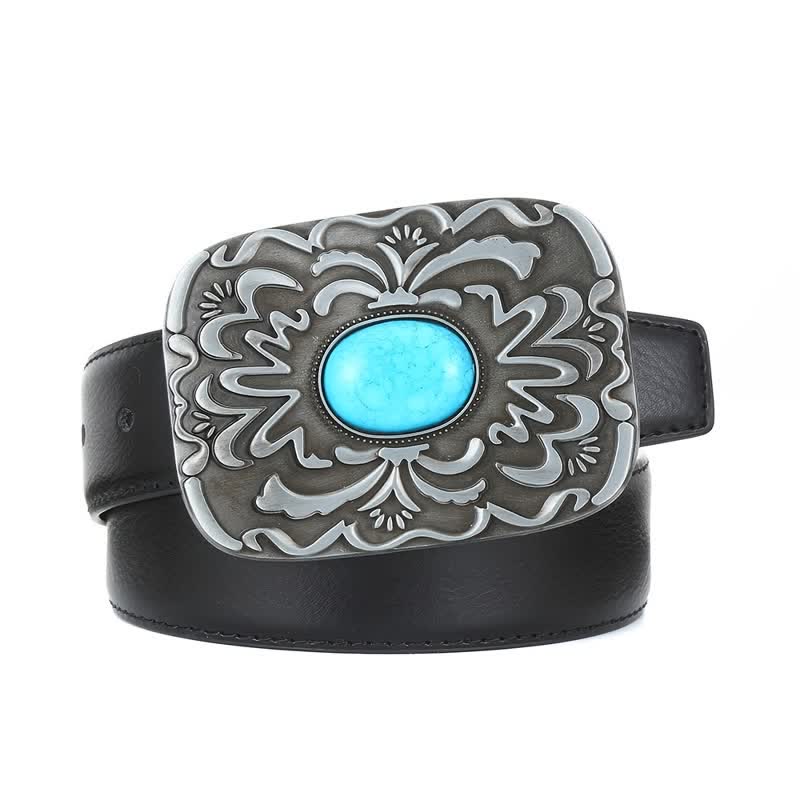 Men's DIY Turquoise Stone Flower Buckle Leather Belt - Image 3
