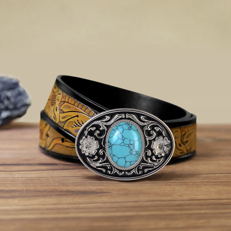 Men's DIY Turquoise Stone Western Buckle Leather Belt - Image 15