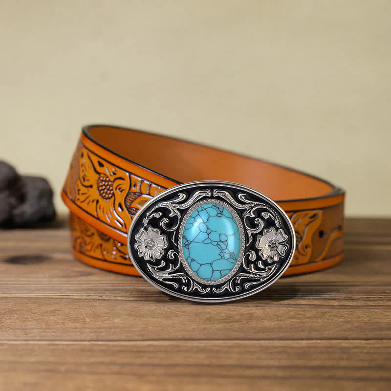 Men's DIY Turquoise Stone Western Buckle Leather Belt - Image 17