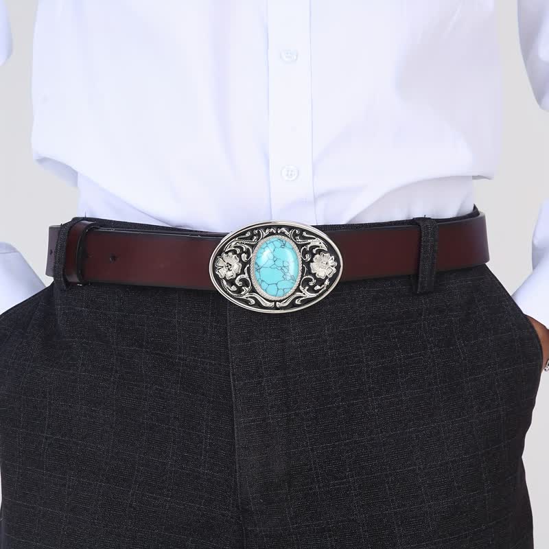 Men's DIY Turquoise Stone Western Buckle Leather Belt - Image 3
