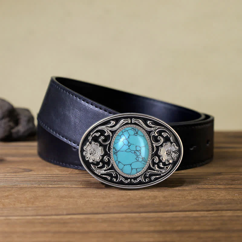 Men's DIY Turquoise Stone Western Buckle Leather Belt - Image 5