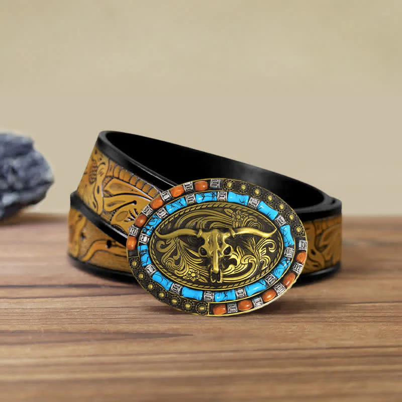 Men's DIY Turquoise Wood Bead Bull Buckle Leather Belt - Image 20