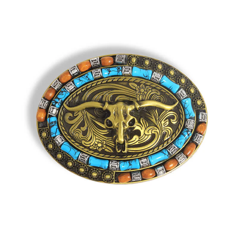 Men's DIY Turquoise Wood Bead Bull Buckle Leather Belt - Image 3