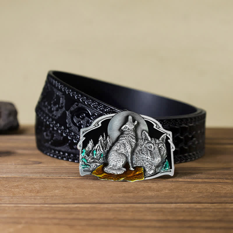 Men's DIY Two Wolves Forest Buckle Leather Belt - Image 15