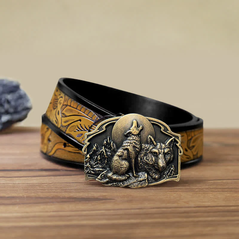 Men's DIY Two Wolves Forest Buckle Leather Belt - Image 22