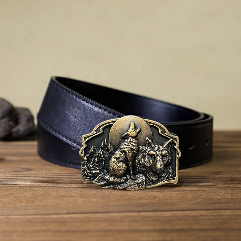 Men's DIY Two Wolves Forest Buckle Leather Belt - Image 7