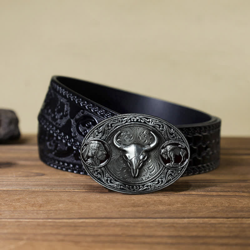 Men's DIY Typical Western Skull Buckle Leather Belt - Image 12
