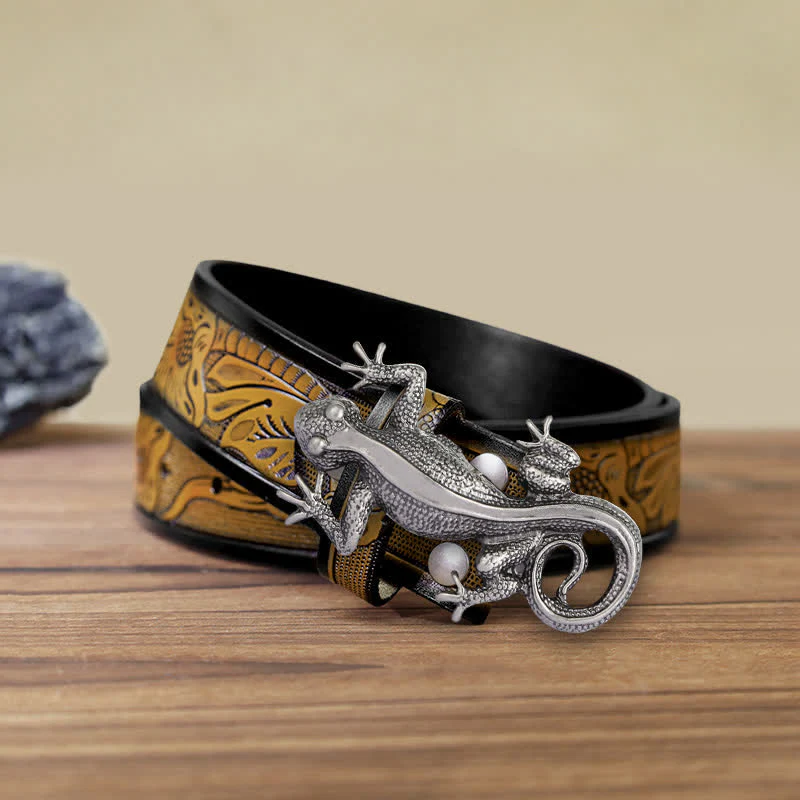 Men's DIY Unique Animal Silver Lizard Buckle Leather Belt - Image 15