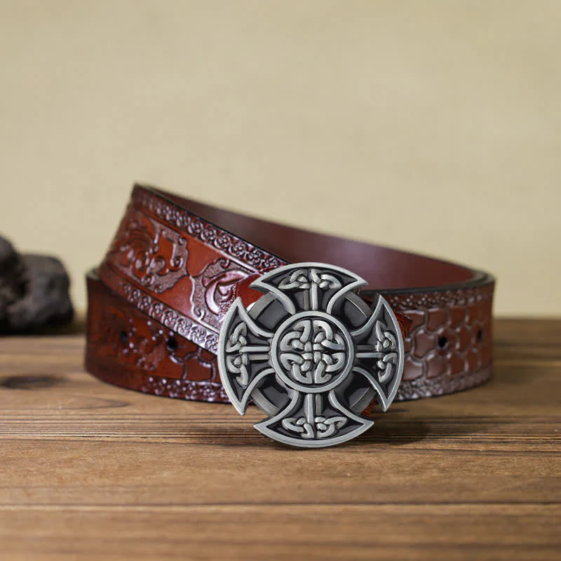 Men's DIY Viking Celtic Cross Knot Buckle Leather Belt - Image 8