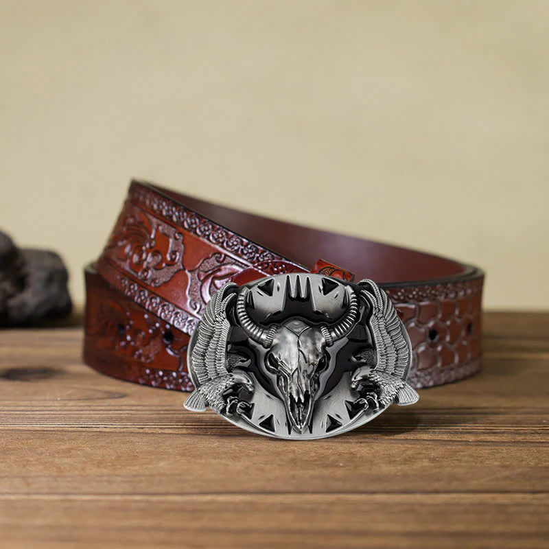 Men's DIY Vintage Bull & Dual Eagles Buckle Leather Belt - Image 18