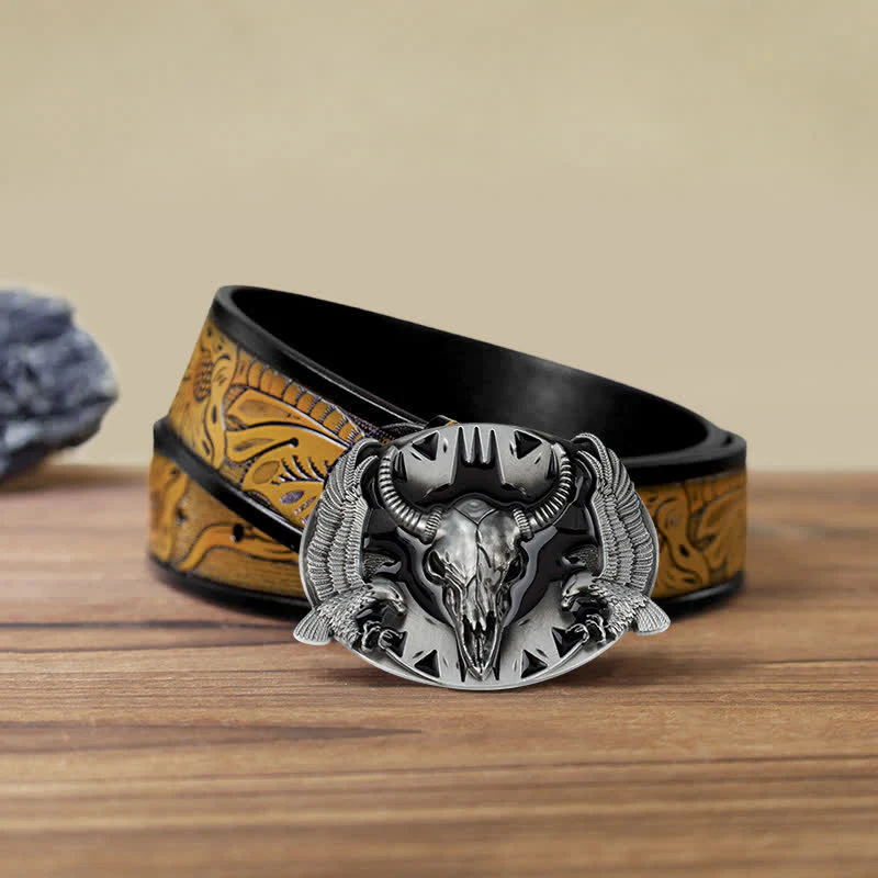 Men's DIY Vintage Bull & Dual Eagles Buckle Leather Belt - Image 19