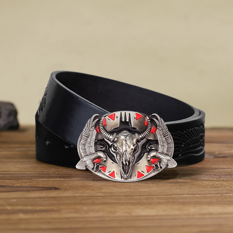 Men's DIY Vintage Bull & Dual Eagles Buckle Leather Belt - Image 5