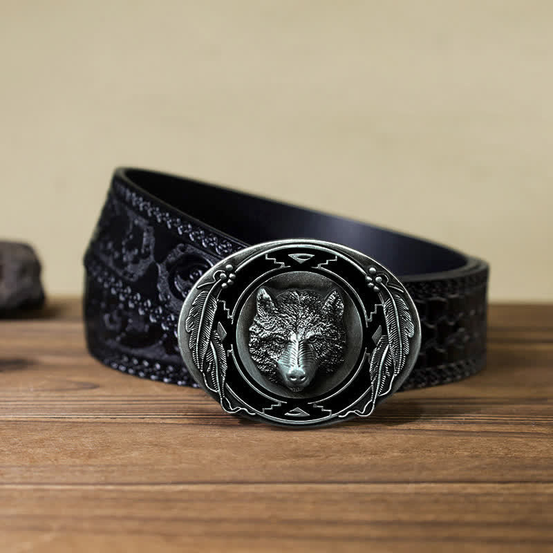 Men's DIY Vivid Wolf Head Buckle Leather Belt - Image 12