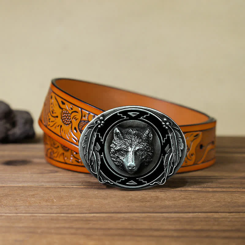 Men's DIY Vivid Wolf Head Buckle Leather Belt - Image 18