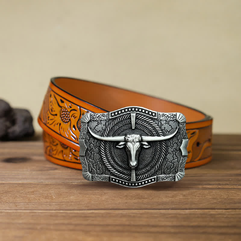 Men's DIY Western Bull Head Buckle Leather Belt - Image 10