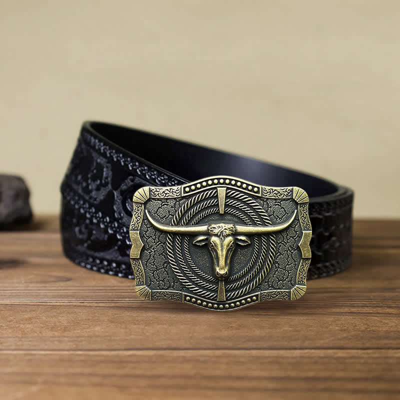 Men's DIY Western Bull Head Buckle Leather Belt - Image 15