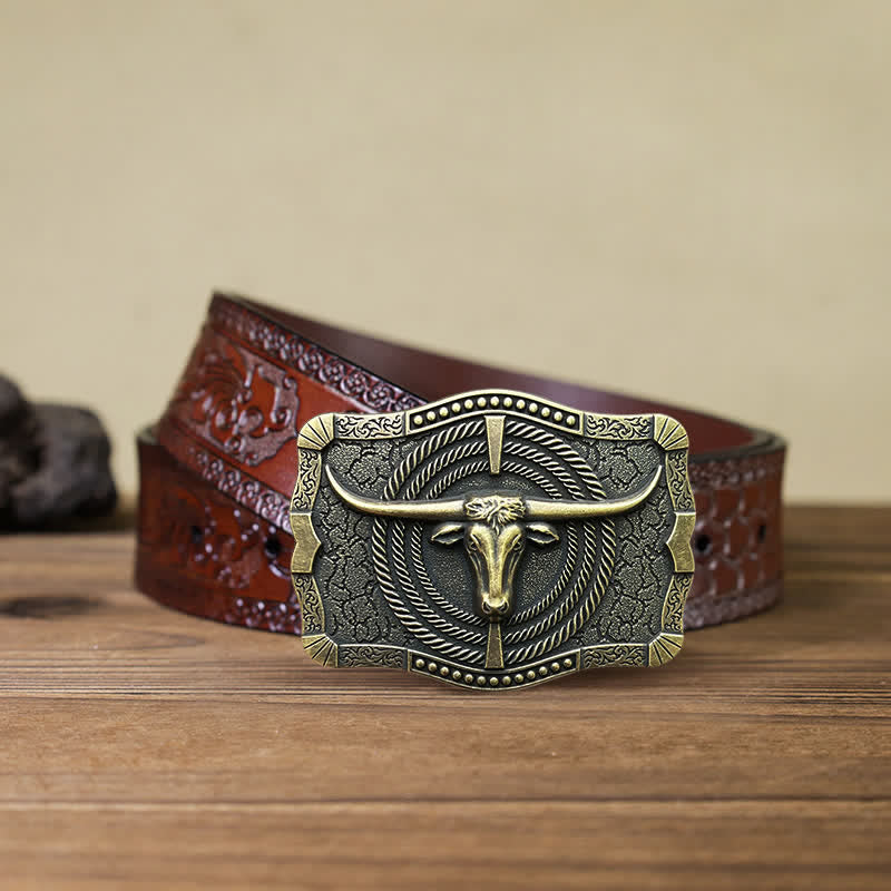 Men's DIY Western Bull Head Buckle Leather Belt - Image 16